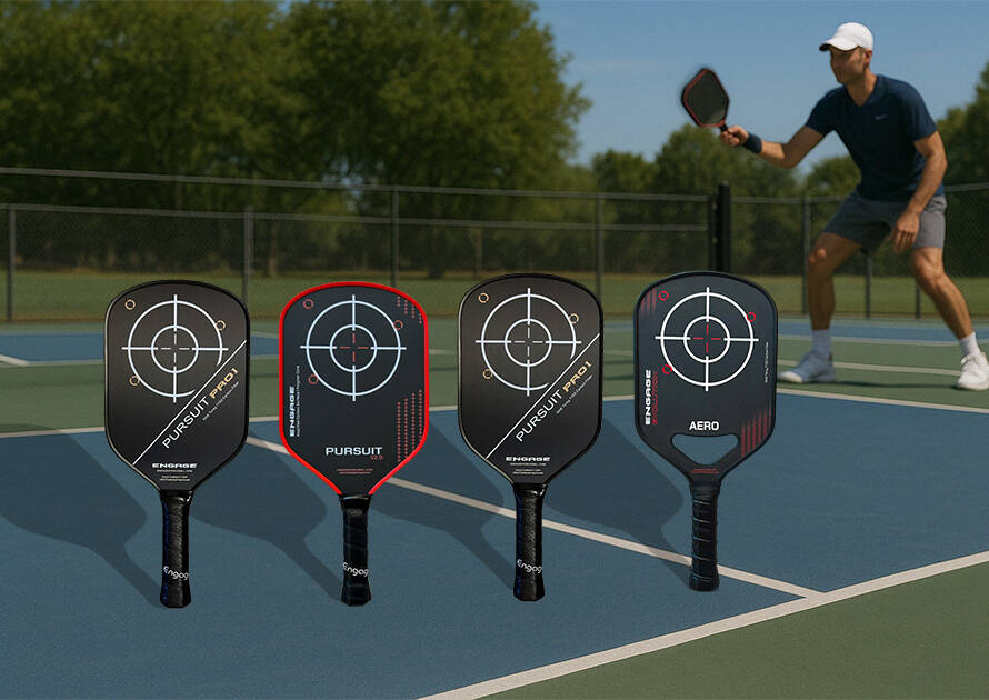 Various Engage Pickleball paddles including elongated, hybrid, and widebody models displayed on an outdoor pickleball court with a player in action – 2025 paddle buying guide.