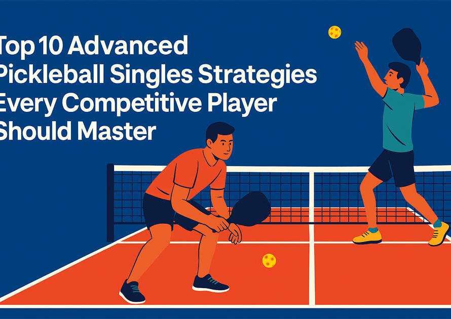 Illustration of two competitive pickleball players on a vibrant court, demonstrating advanced Pickleball strategy during a singles match with clear serving and ready stances.