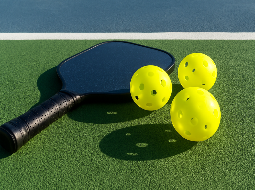 Best outdoor pickleball balls placed on green court beside black paddle.