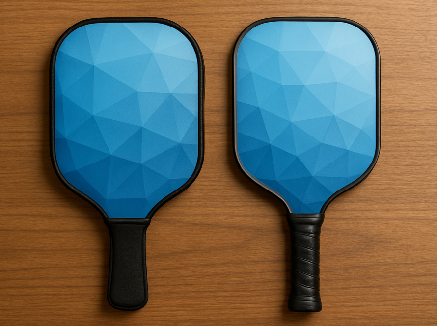 Two custom pickleball paddles with blue geometric designs on wooden background.