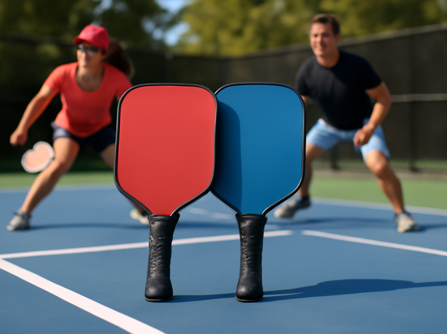 Professional pickleball paddles on a court with players in action