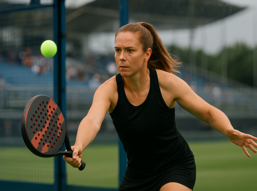 Woman playing padel sports on an outdoor court.