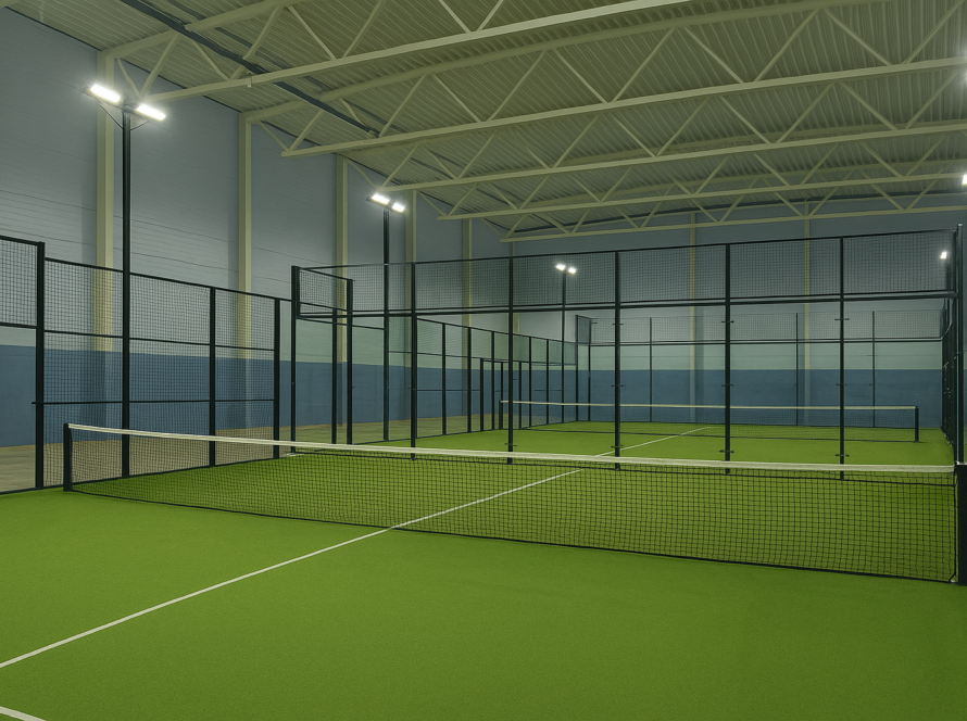 Indoor Padel court with turf and glass walls